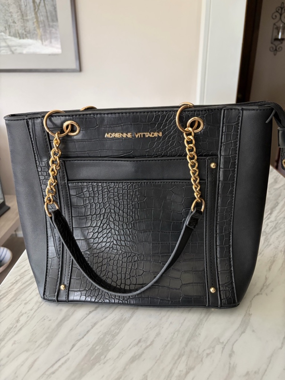Adrienne Vittadini Black Croc-Embossed Tote with Gold Chain Accents